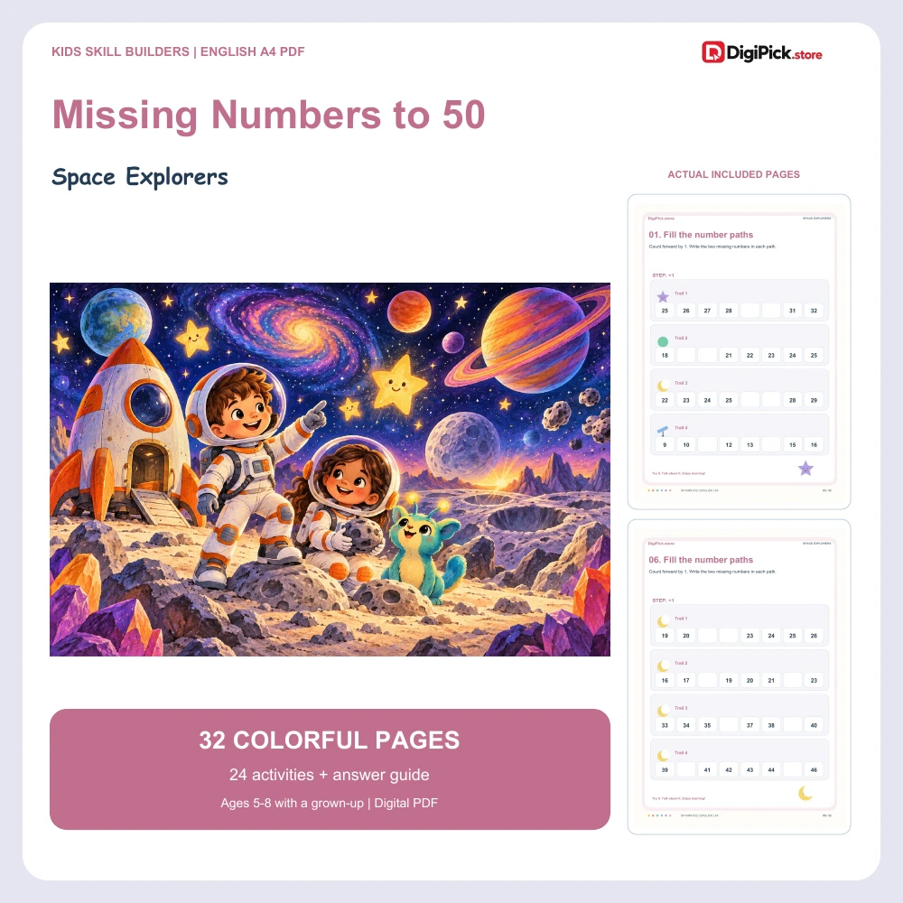 Space Explorers missing numbers to 50 worksheets - 32-page English A4 PDF cover and real page previews
