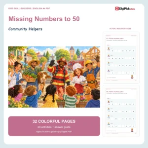 Community Helpers missing numbers to 50 worksheets - 32-page English A4 PDF cover and real page previews