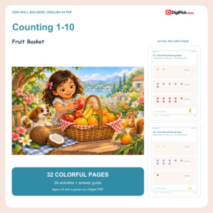 Fruit Basket counting 1 to 10 worksheets - 32-page English A4 PDF cover and real page previews