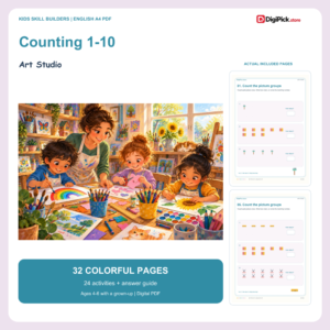 Art Studio counting 1 to 10 worksheets - 32-page English A4 PDF cover and real page previews