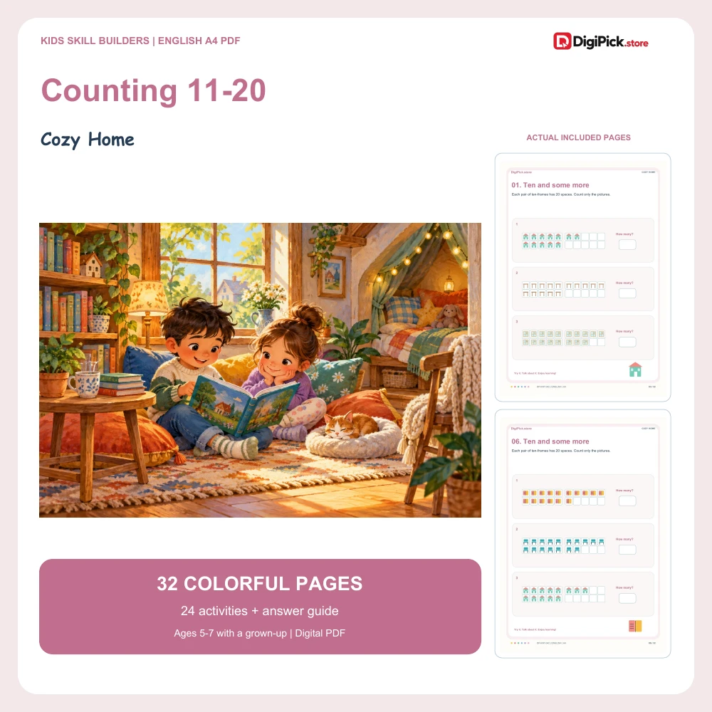 Cozy Home counting 11 to 20 worksheets - 32-page English A4 PDF cover and real page previews