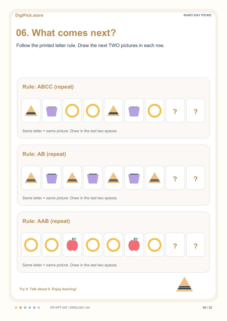 Rainy-Day Picnic picture pattern play activity, PDF page 8: Use the ABCC rule: sandwich, basket, plate, plate, sandwich, basket, plate, __, __.