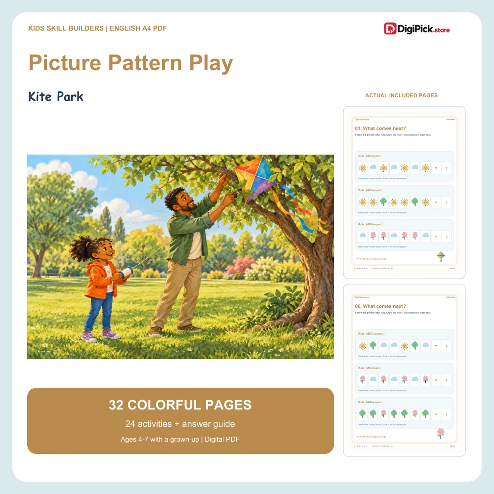 Kite Park picture pattern worksheets for kids - 32-page English A4 PDF cover and real page previews