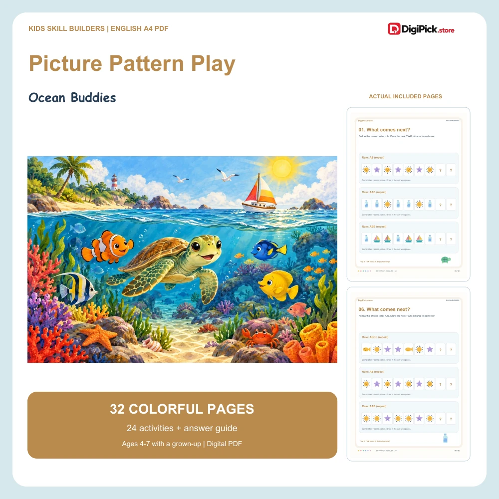 Ocean Buddies picture pattern worksheets for kids - 32-page English A4 PDF cover and real page previews