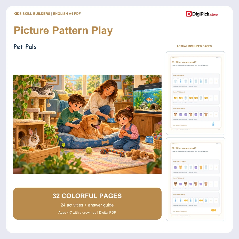 Pet Pals picture pattern worksheets for kids - 32-page English A4 PDF cover and real page previews
