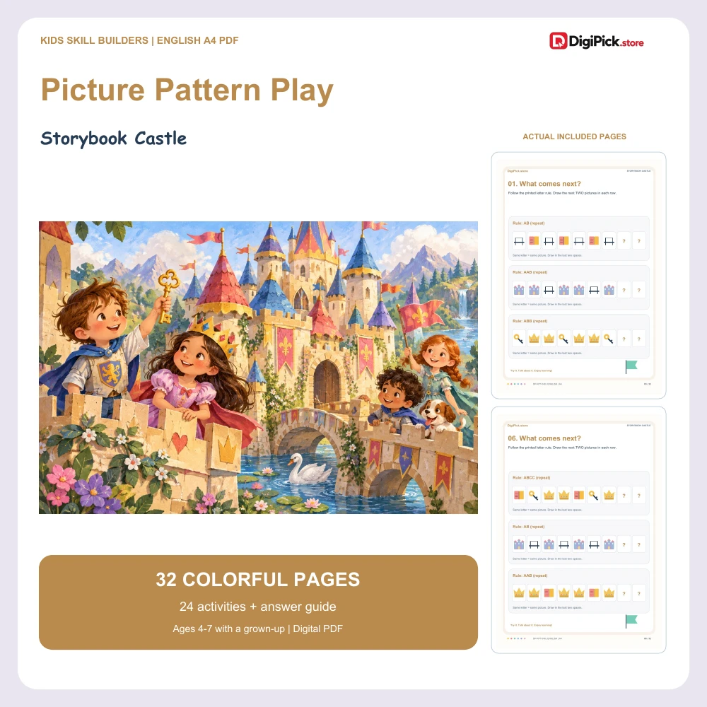 Storybook Castle picture pattern worksheets for kids - 32-page English A4 PDF cover and real page previews