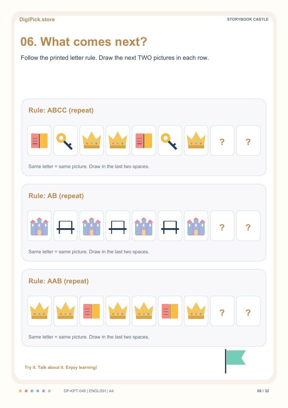 Storybook Castle picture pattern play activity, PDF page 8: Use the ABCC rule: book, key, crown, crown, book, key, crown, __, __.