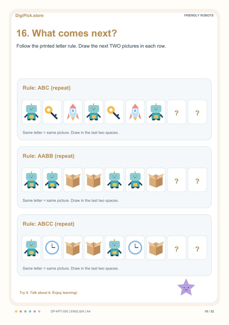 Friendly Robots picture pattern play activity, PDF page 18: Use the ABC rule: robot, key, rocket, robot, key, rocket, robot, __, __.