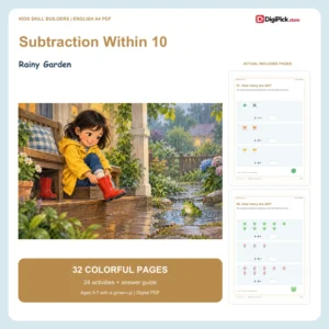 Rainy Garden subtraction within 10 worksheets - 32-page English A4 PDF cover and real page previews