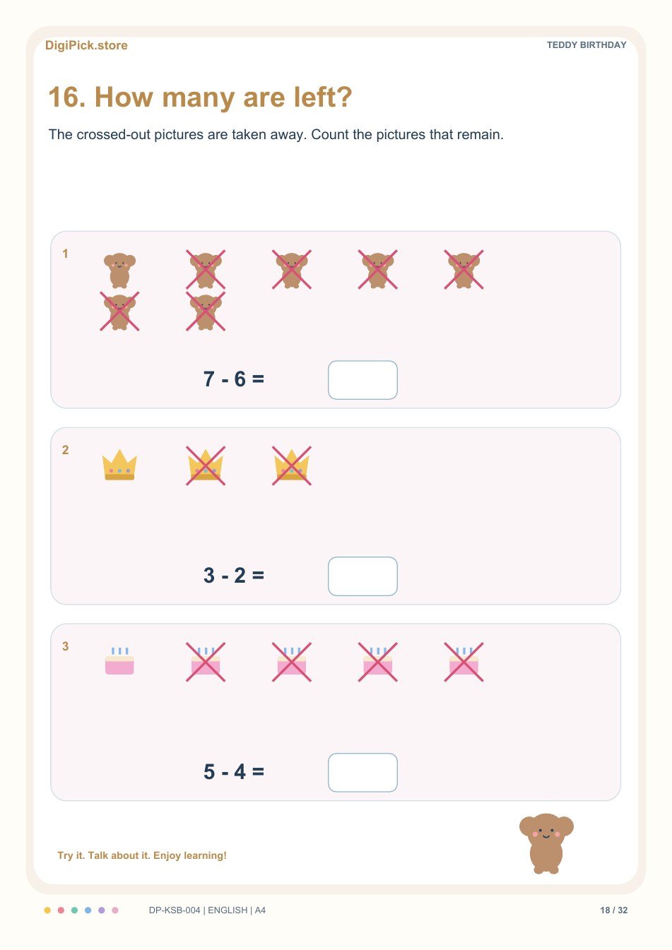 Teddy Birthday subtraction within 10 activity, PDF page 18: Count the uncrossed pictures and complete 7 − 6 = __.
