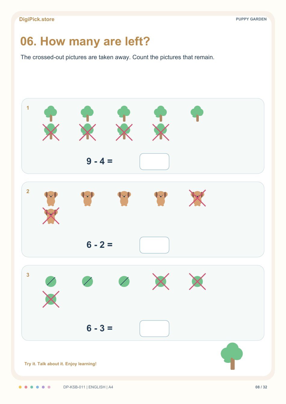 Puppy Garden subtraction within 10 activity, PDF page 8: Count the uncrossed pictures and complete 9 − 4 = __.