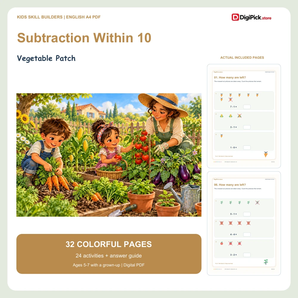 Vegetable Patch subtraction within 10 worksheets - 32-page English A4 PDF cover and real page previews