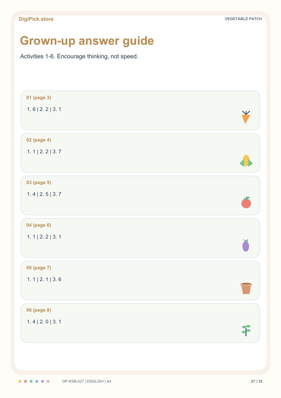 Vegetable Patch subtraction within 10 answer guide, PDF page 27