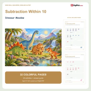 Dinosaur Meadow subtraction within 10 worksheets - 32-page English A4 PDF cover and real page previews