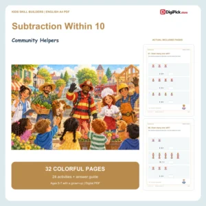 Community Helpers subtraction within 10 worksheets - 32-page English A4 PDF cover and real page previews