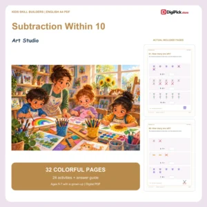 Art Studio subtraction within 10 worksheets - 32-page English A4 PDF cover and real page previews