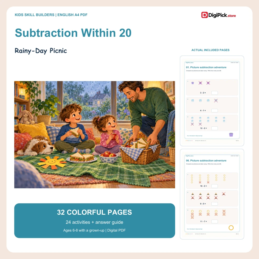 Rainy-Day Picnic subtraction within 20 worksheets - 32-page English A4 PDF cover and real page previews
