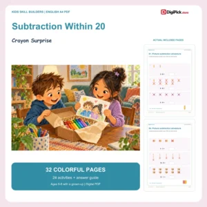 Crayon Surprise subtraction within 20 worksheets - 32-page English A4 PDF cover and real page previews