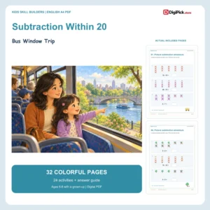 Bus Window Trip subtraction within 20 worksheets - 32-page English A4 PDF cover and real page previews