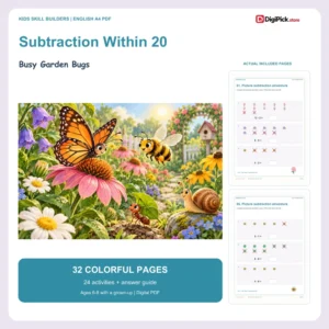 Busy Garden Bugs subtraction within 20 worksheets - 32-page English A4 PDF cover and real page previews