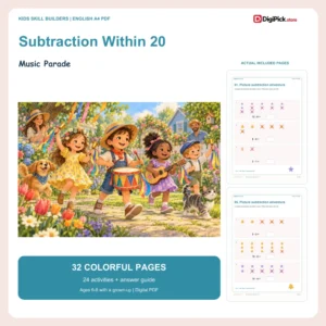 Music Parade subtraction within 20 worksheets - 32-page English A4 PDF cover and real page previews