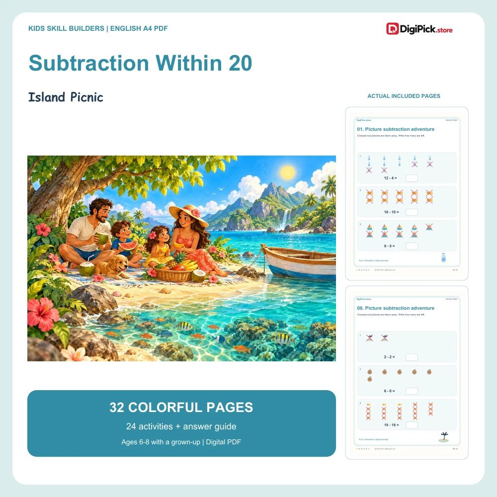 Island Picnic subtraction within 20 worksheets - 32-page English A4 PDF cover and real page previews