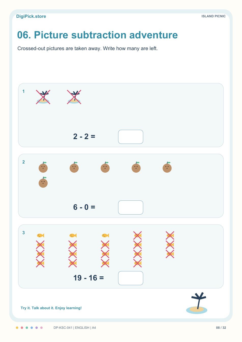 Island Picnic subtraction within 20 activity, PDF page 8: Count the uncrossed pictures and complete 2 − 2 = __.