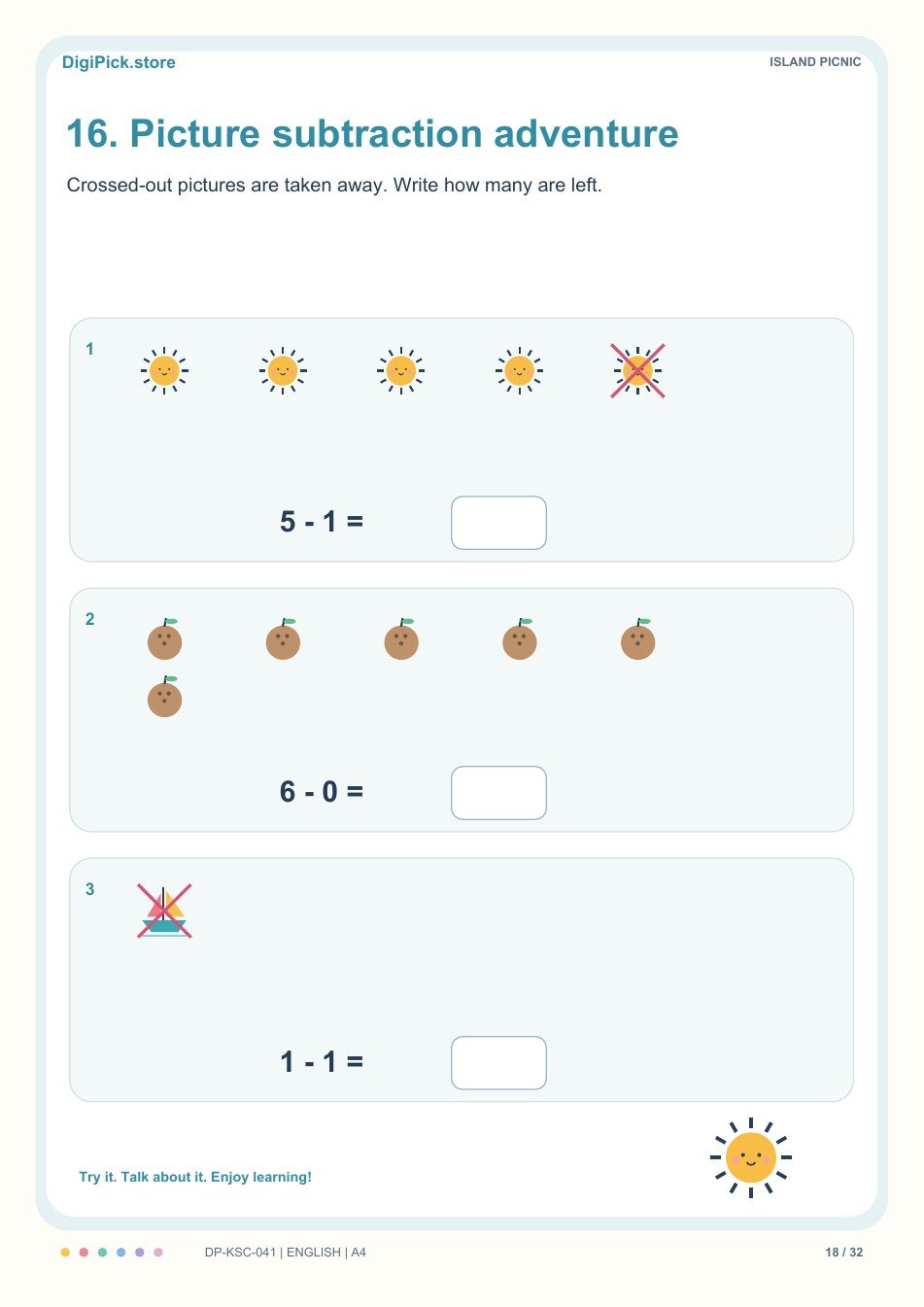 Island Picnic subtraction within 20 activity, PDF page 18: Count the uncrossed pictures and complete 5 − 1 = __.