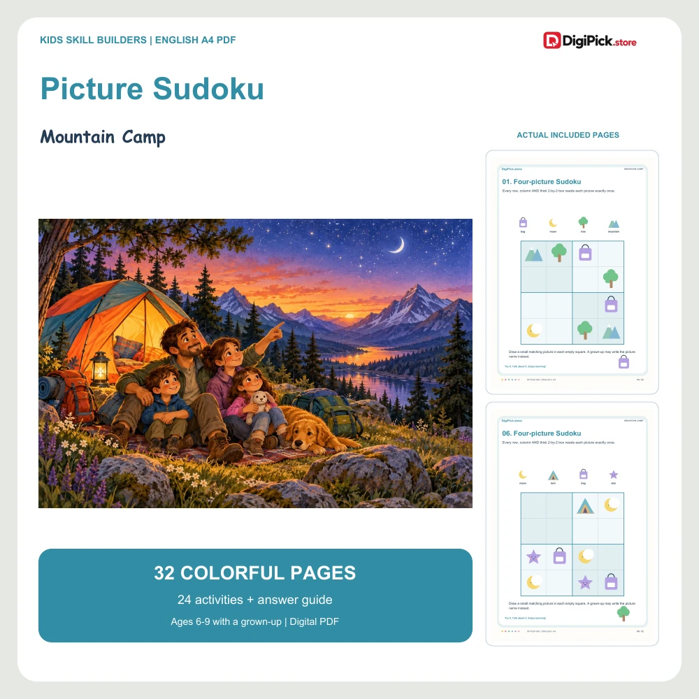 Mountain Camp 4x4 picture sudoku for kids printable - 32-page English A4 PDF cover and real page previews