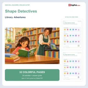 Library Adventures shape identification worksheets for kids - 32-page English A4 PDF cover and real page previews