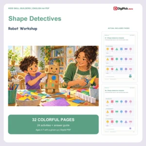 Robot Workshop shape identification worksheets for kids - 32-page English A4 PDF cover and real page previews