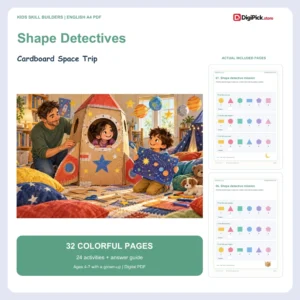 Cardboard Space Trip shape identification worksheets for kids - 32-page English A4 PDF cover and real page previews