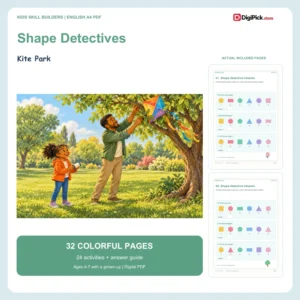Kite Park shape identification worksheets for kids - 32-page English A4 PDF cover and real page previews