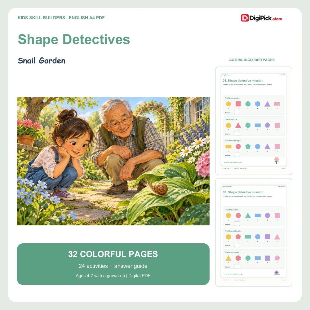 Snail Garden shape identification worksheets for kids - 32-page English A4 PDF cover and real page previews
