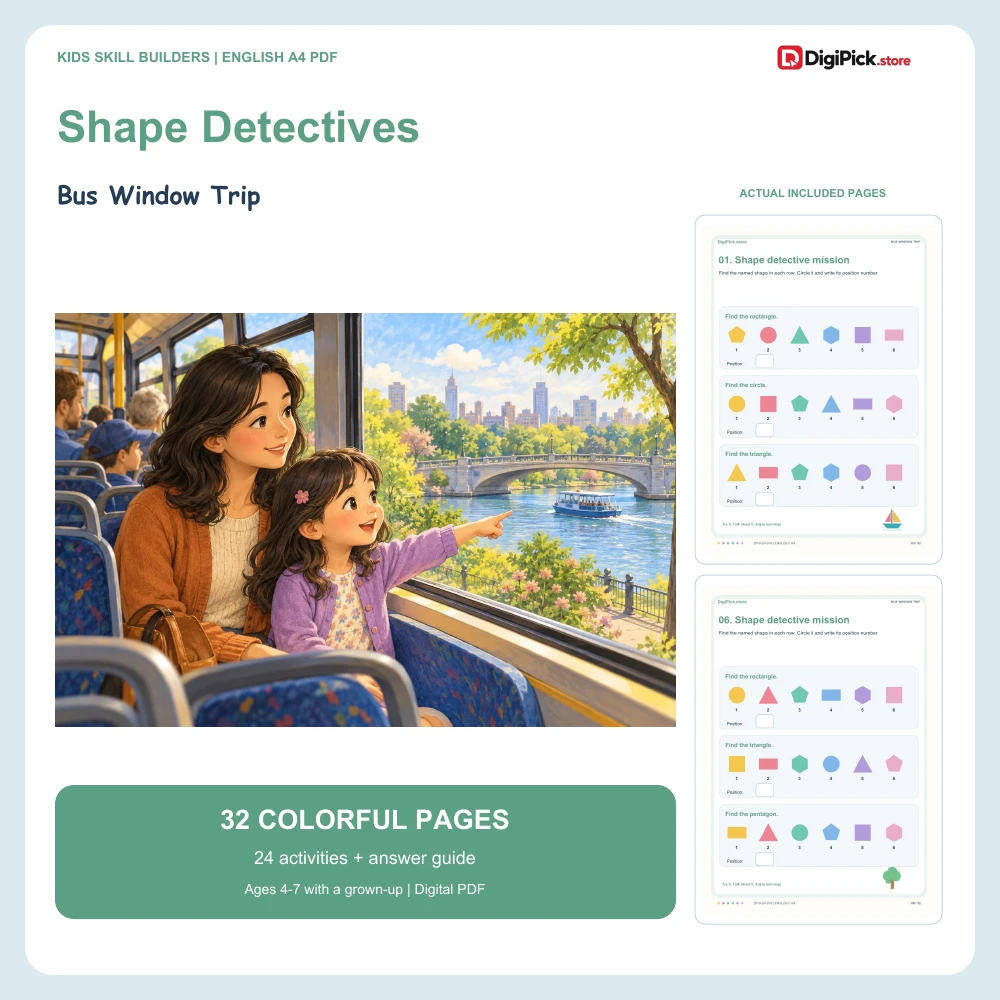 Bus Window Trip shape identification worksheets for kids - 32-page English A4 PDF cover and real page previews