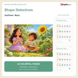 Sunflower Music shape identification worksheets for kids - 32-page English A4 PDF cover and real page previews