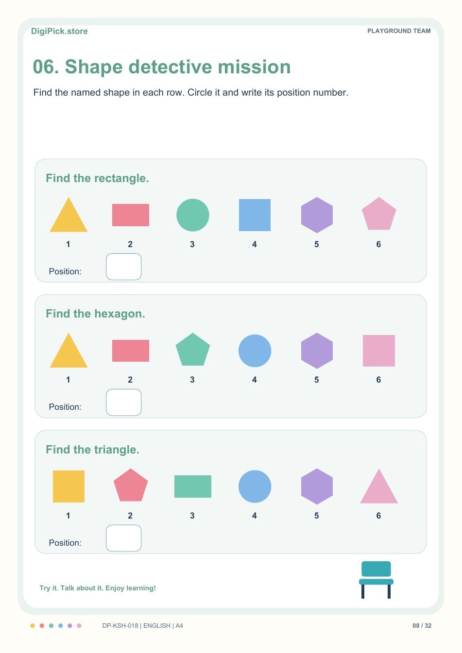 Playground Team shape detectives activity, PDF page 8: Find the rectangle in this row: triangle, rectangle, circle, square, hexagon, pentagon. Write its position number.