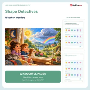 Weather Wonders shape identification worksheets for kids - 32-page English A4 PDF cover and real page previews