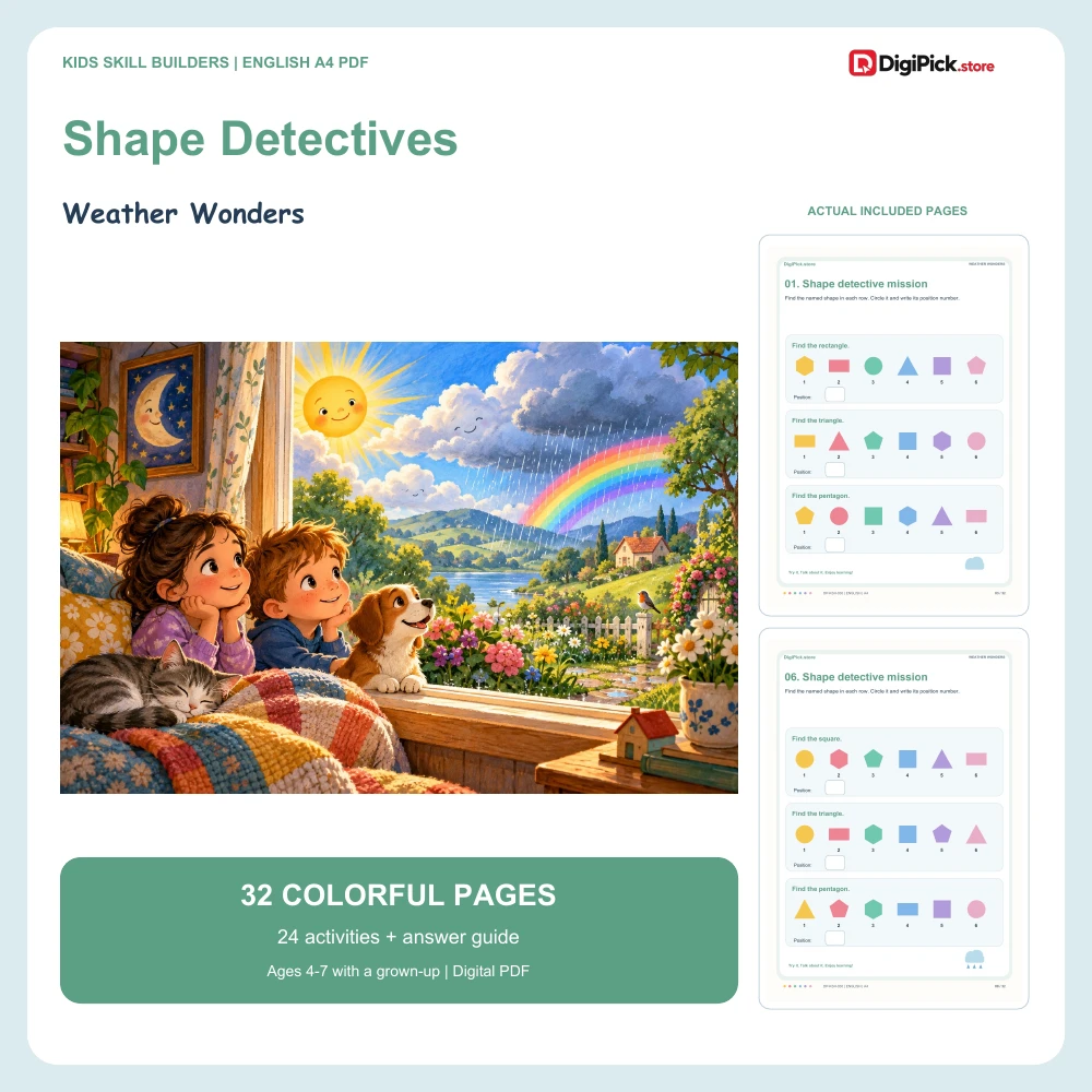 Weather Wonders shape identification worksheets for kids - 32-page English A4 PDF cover and real page previews