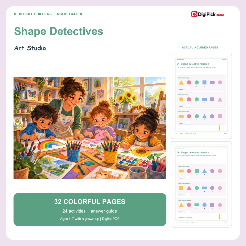 Art Studio shape identification worksheets for kids - 32-page English A4 PDF cover and real page previews