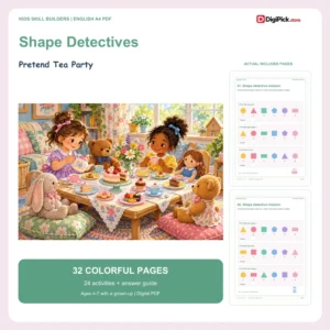 Pretend Tea Party shape identification worksheets for kids - 32-page English A4 PDF cover and real page previews