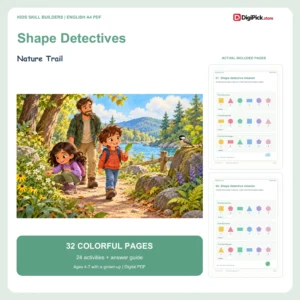 Nature Trail shape identification worksheets for kids - 32-page English A4 PDF cover and real page previews