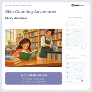 Library Adventures skip counting by 2 5 and 10 worksheets - 32-page English A4 PDF cover and real page previews