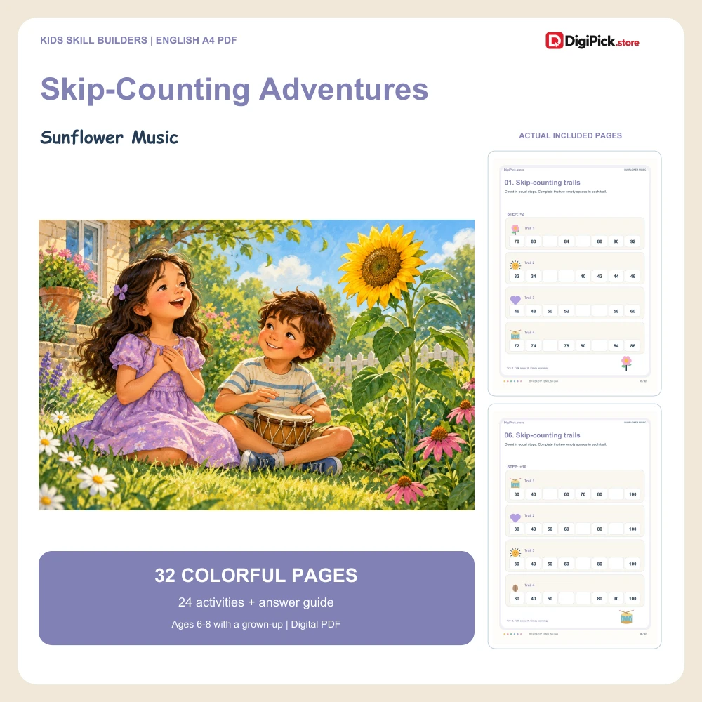 Sunflower Music skip counting by 2 5 and 10 worksheets - 32-page English A4 PDF cover and real page previews