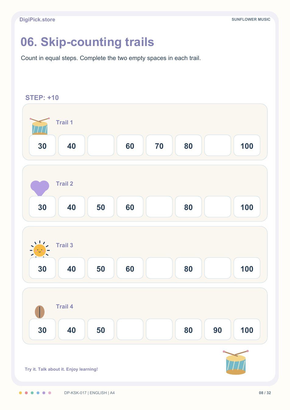 Sunflower Music skip-counting adventures activity, PDF page 8: Follow the +10 path: 30, 40, __, 60, 70, 80, __, 100.