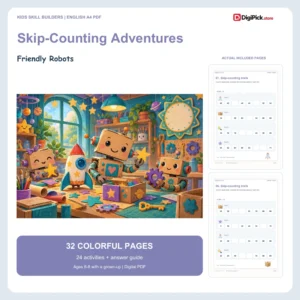 Friendly Robots skip counting by 2 5 and 10 worksheets - 32-page English A4 PDF cover and real page previews