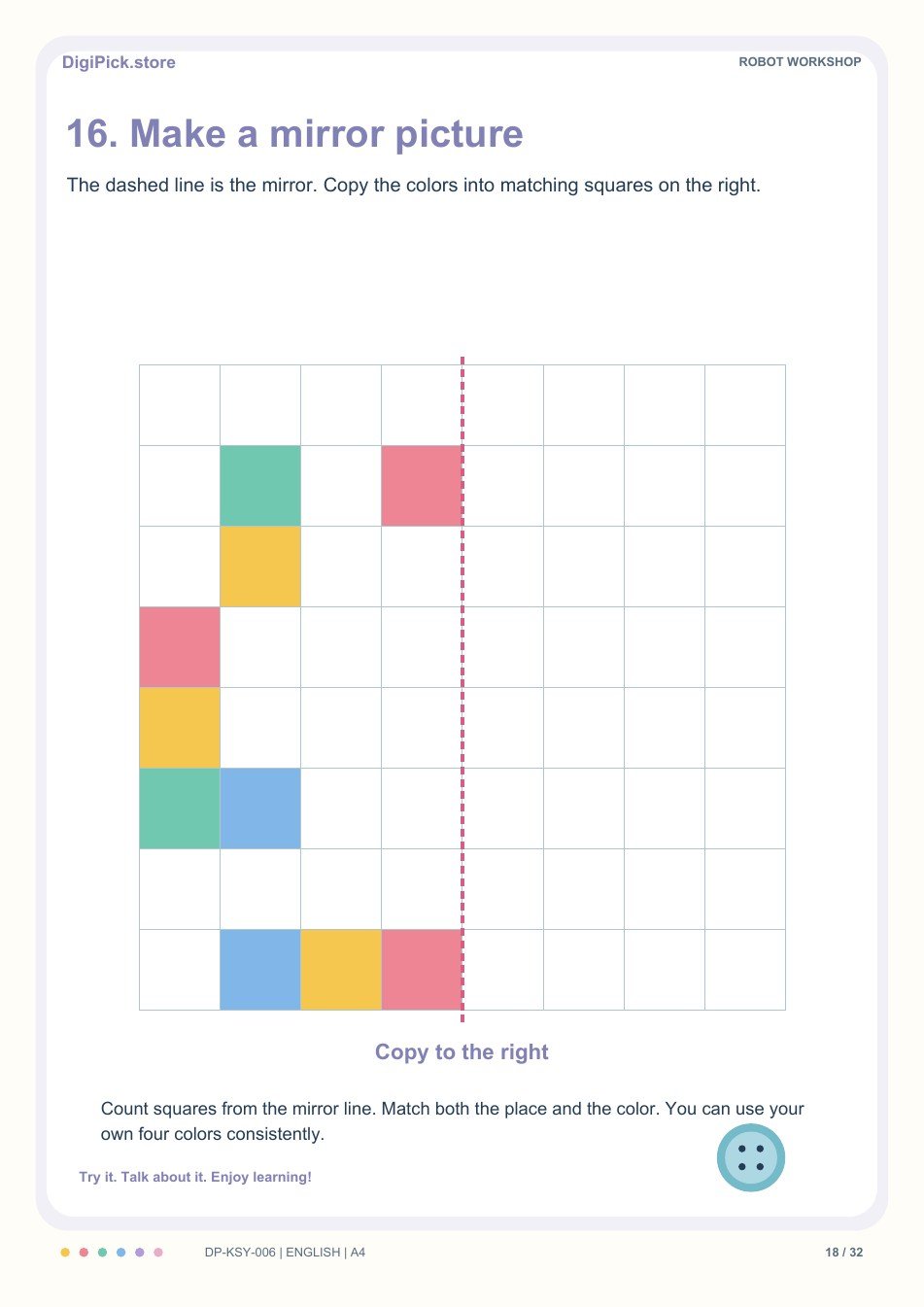 Robot Workshop mirror drawing activity, PDF page 18: Reflect 10 colored squares across the vertical mirror line on an 8 by 8 grid.