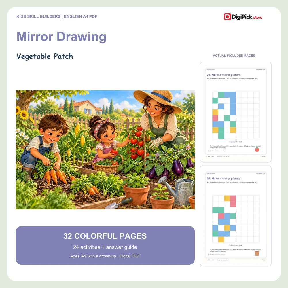Vegetable Patch symmetry drawing worksheets for kids - 32-page English A4 PDF cover and real page previews