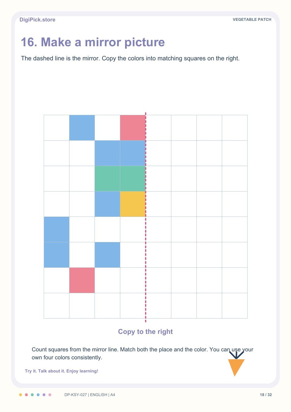 Vegetable Patch mirror drawing activity, PDF page 18: Reflect 12 colored squares across the vertical mirror line on an 8 by 8 grid.