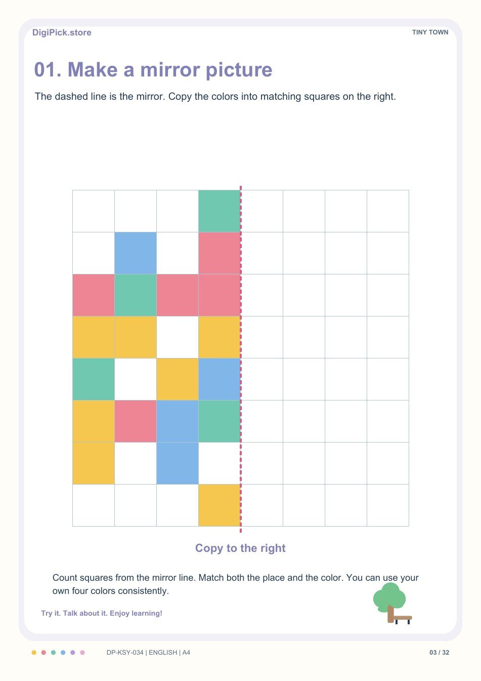 Tiny Town mirror drawing activity, PDF page 3: Reflect 20 colored squares across the vertical mirror line on an 8 by 8 grid.